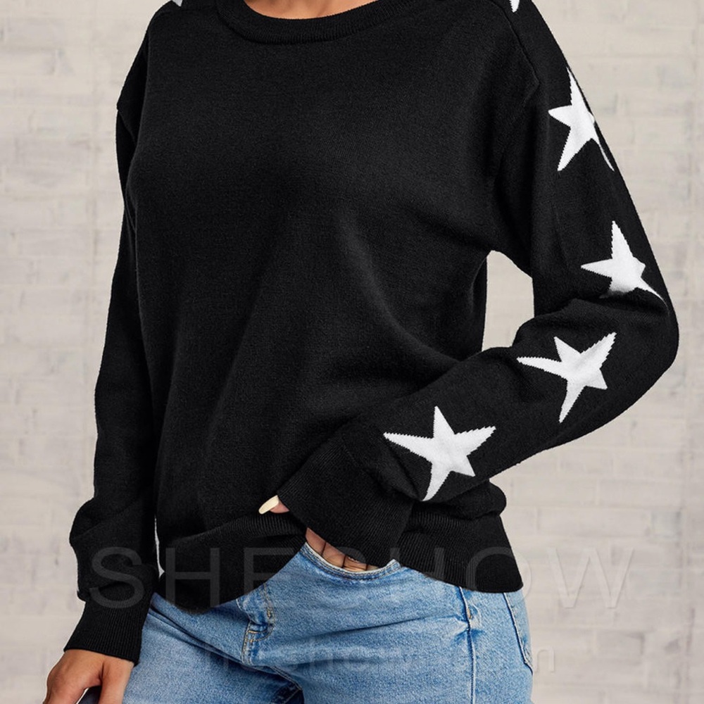 SHESHOW Brand Black Sweater with Stars down the Sleeves.